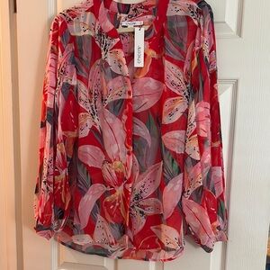 Chico's Red and Pink pleated balloon long Sleeve Blouse